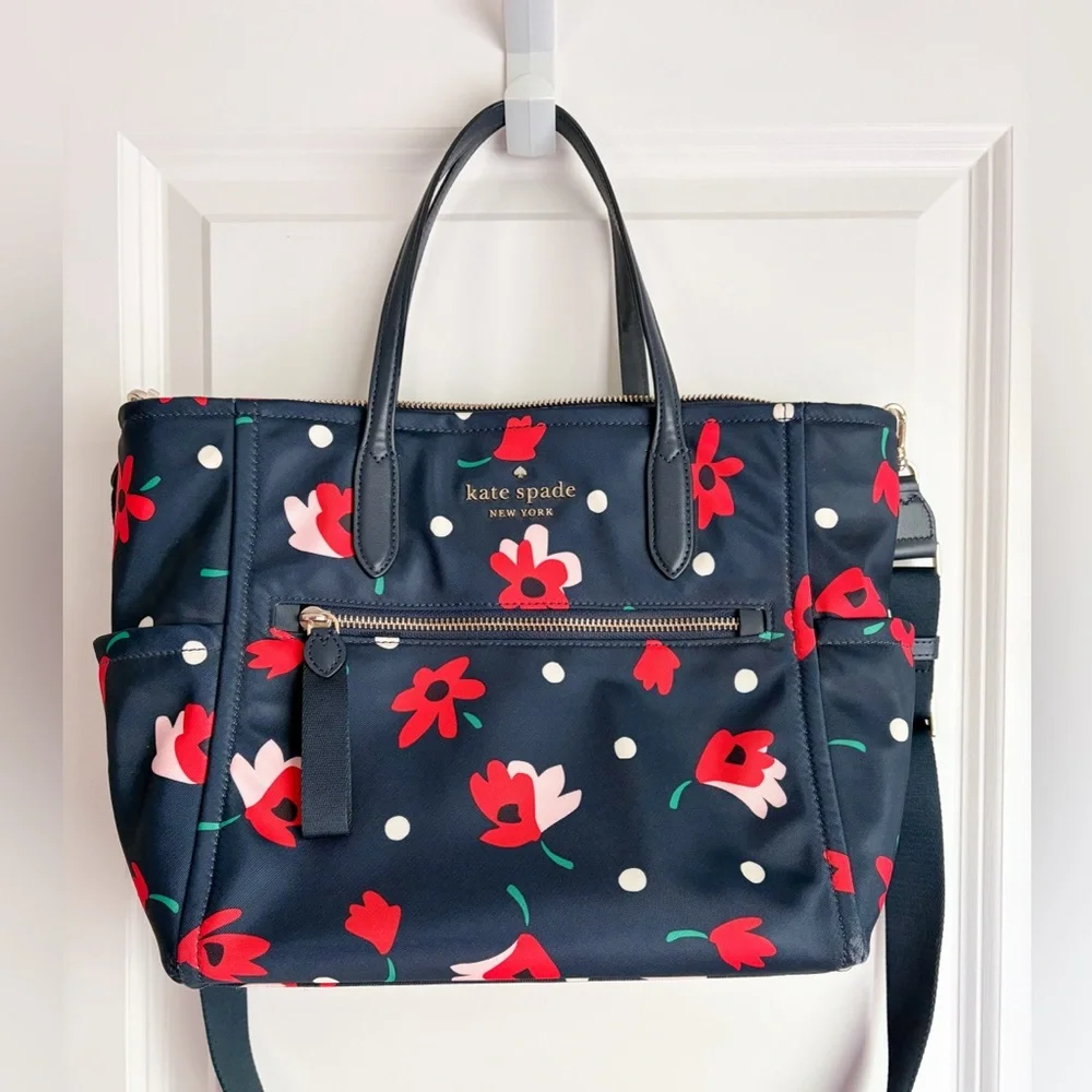 kate spade Chelsea Whimsy Navy Floral Tote with Red & Pink Flowers